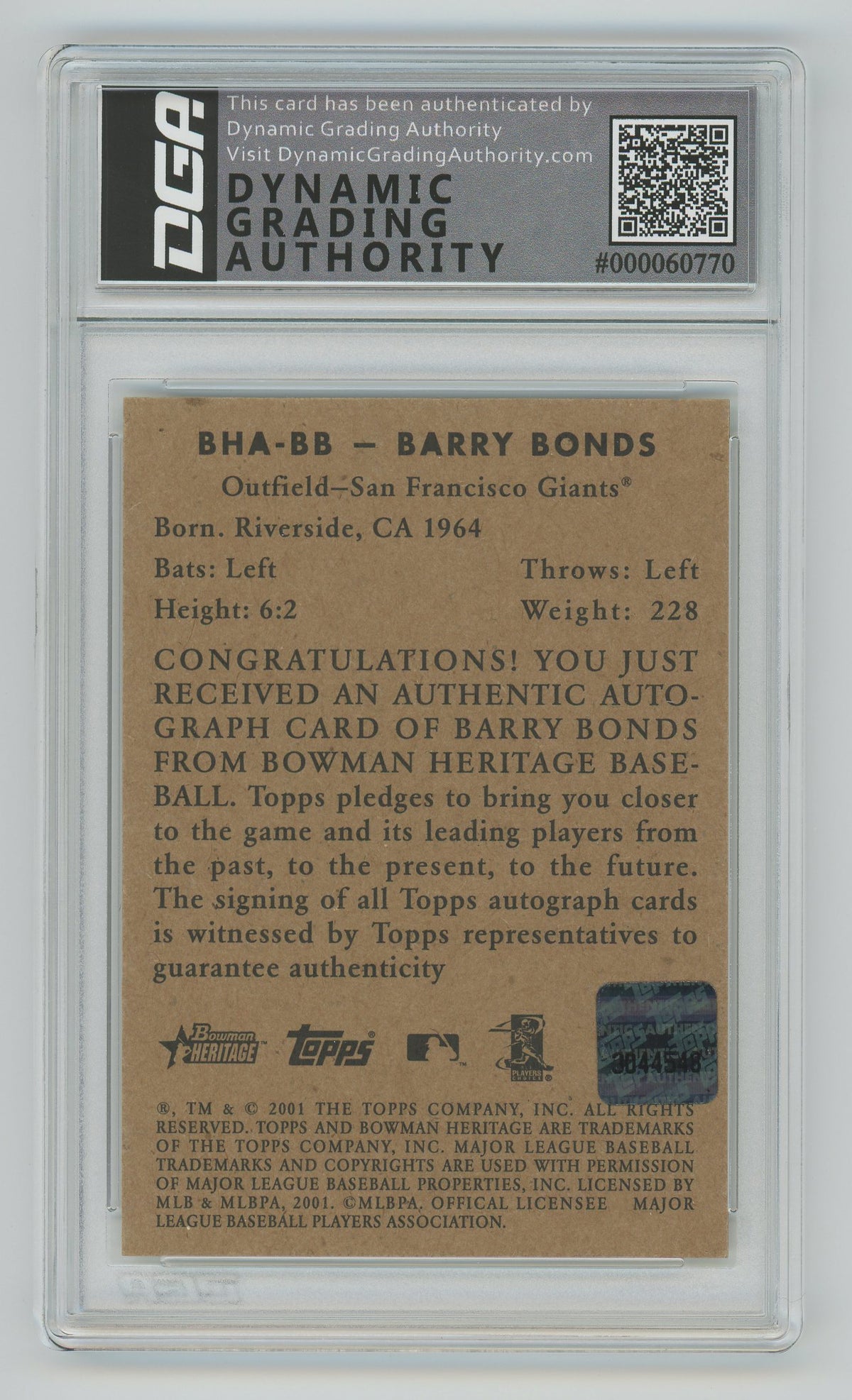 Barry Bonds | 2001 Bowman | Heritage Auto | DGA 8 — reverse