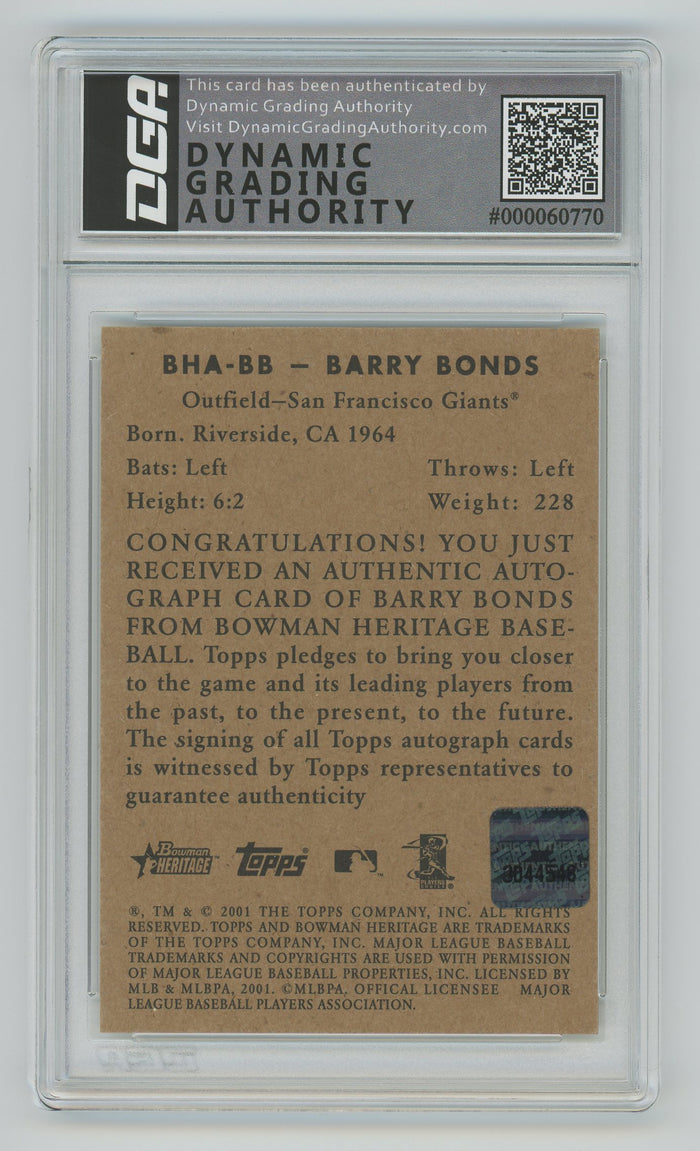 Barry Bonds | 2001 Bowman | Heritage Auto | DGA 8 — reverse